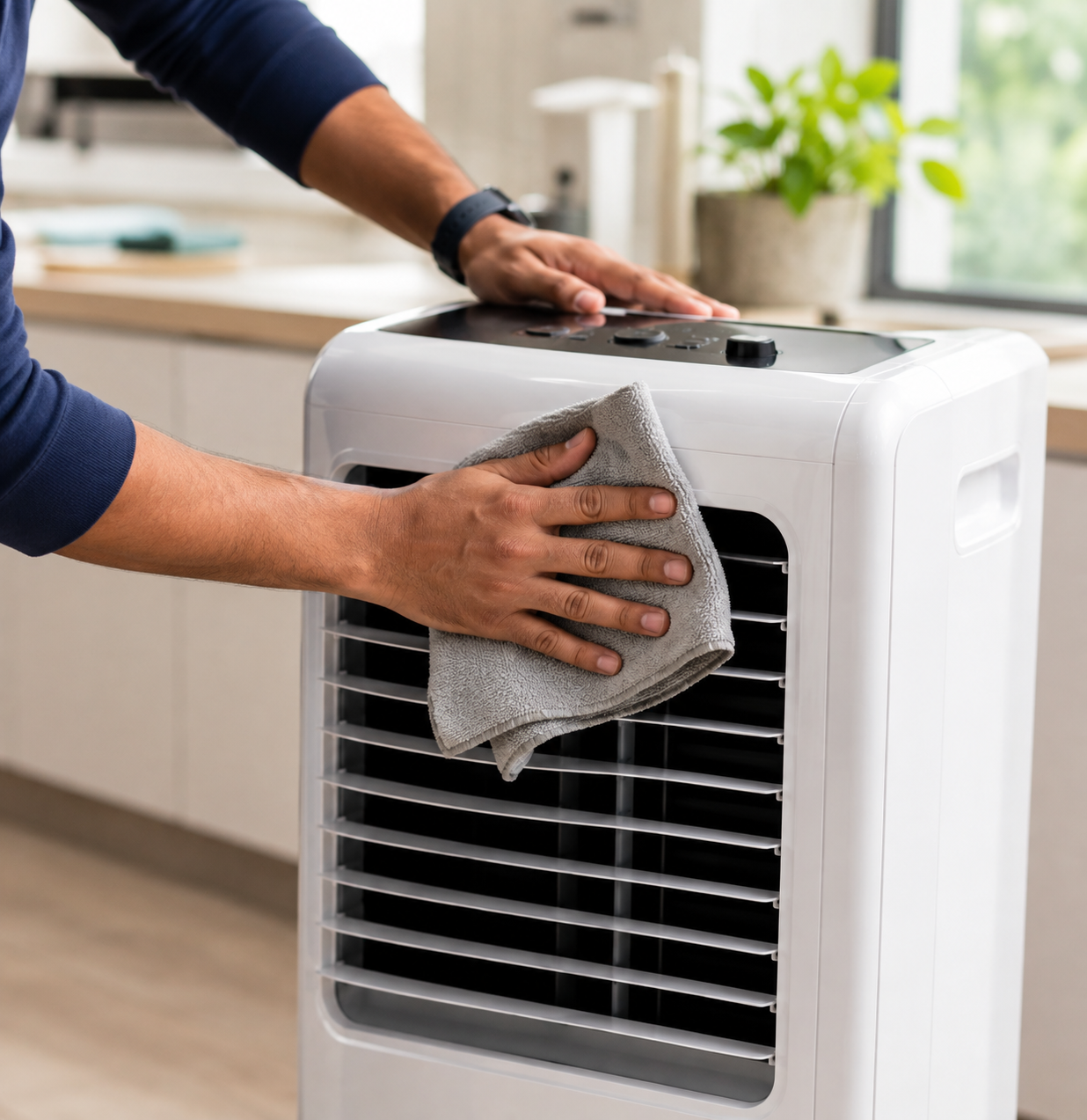 Close-up of hands cleaning or wiping down a home appliance surface with a cloth, bright clean kitchen or utility room background, fresh and tidy atmosphere, soft natural lighting, lifestyle product-care photography