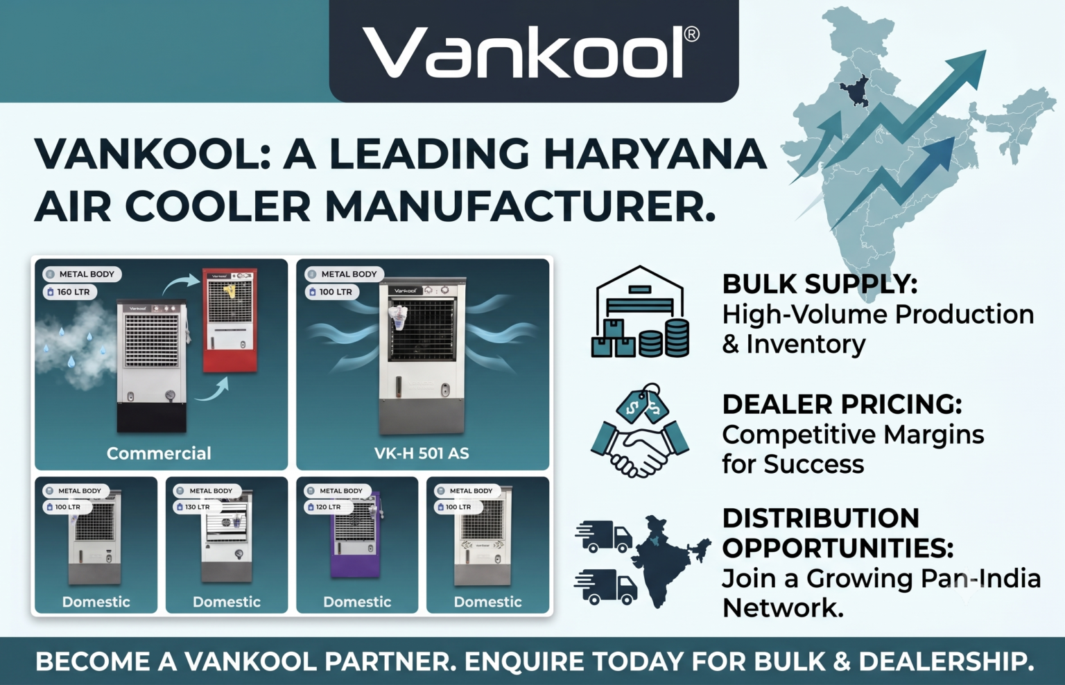 Vankool air cooler manufacturer in Haryana highlighting bulk supply, competitive dealer pricing, and pan-India distribution for commercial and domestic metal body coolers.