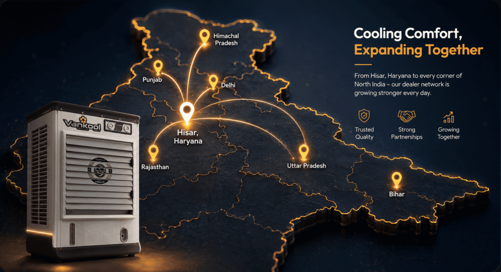 Vankool air cooler manufacturer dealer network map covering North India - Haryana, Delhi, Punjab, Rajasthan, UP